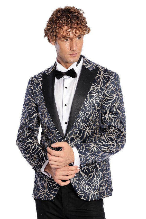 Blazer de fiesta ajustado para hombre en azul marino con estampado de hiedra brillante - Wessi