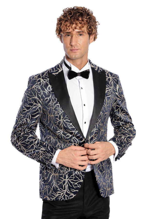 Blazer de fiesta ajustado para hombre en azul marino con estampado de hiedra brillante - Wessi