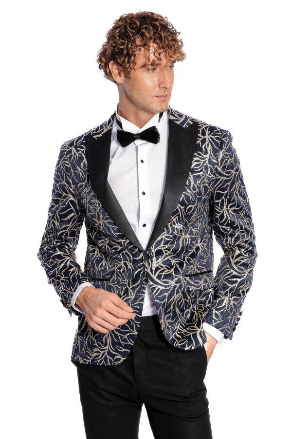 Sparkling Ivy Patterned Slim Fit Navy Blue Men Prom Blazer - Wessi