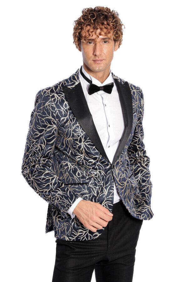 Blazer de fiesta ajustado para hombre en azul marino con estampado de hiedra brillante - Wessi