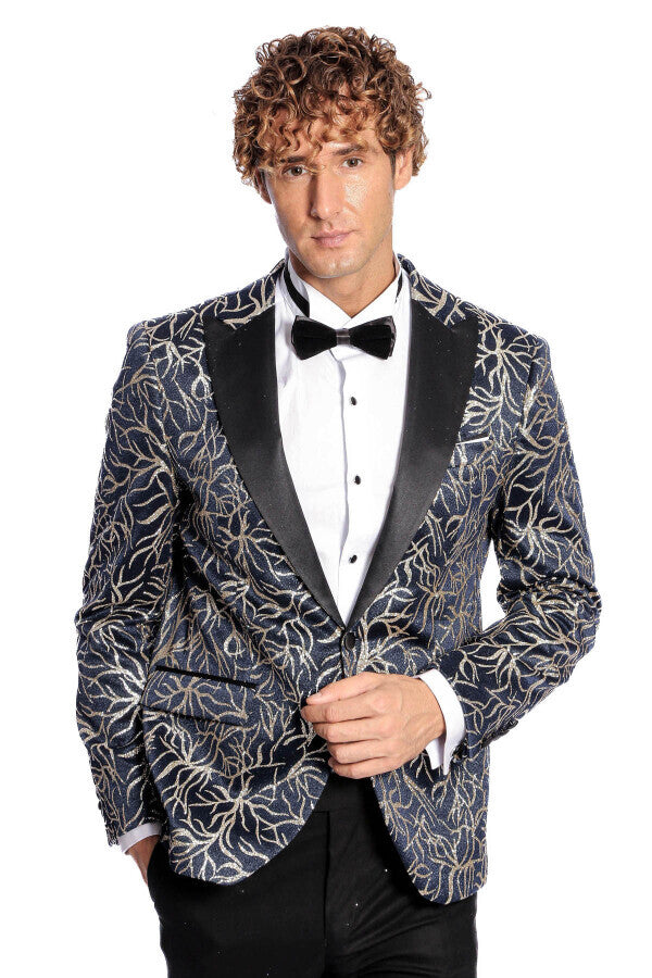 Sparkling Ivy Patterned Slim Fit Navy Blue Men Prom Blazer - Wessi