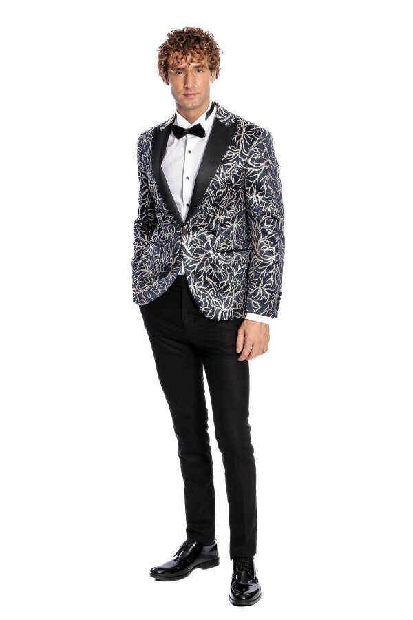 Blazer de fiesta ajustado para hombre en azul marino con estampado de hiedra brillante - Wessi