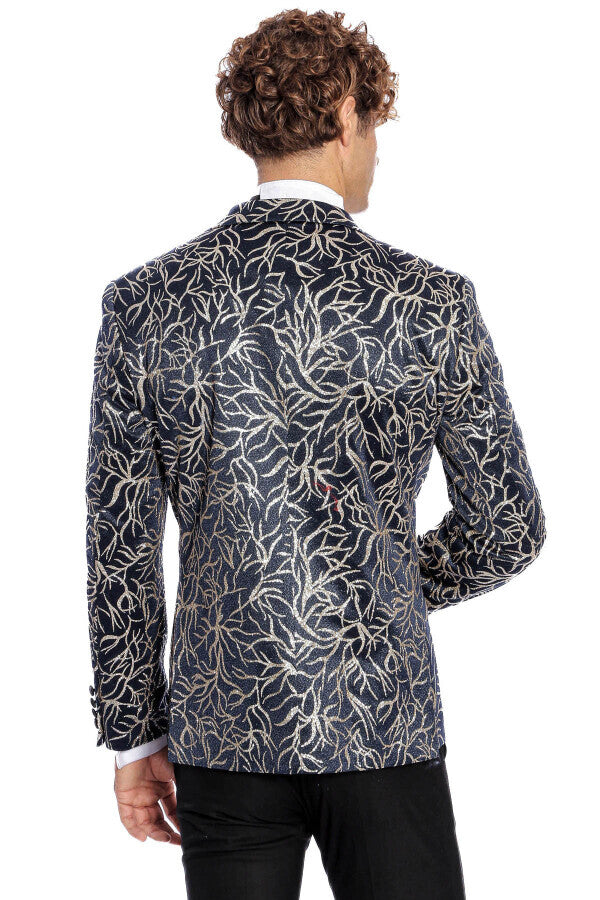 Sparkling Ivy Patterned Slim Fit Navy Blue Men Prom Blazer - Wessi