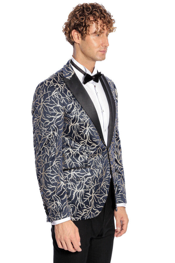 Blazer de fiesta ajustado para hombre en azul marino con estampado de hiedra brillante - Wessi