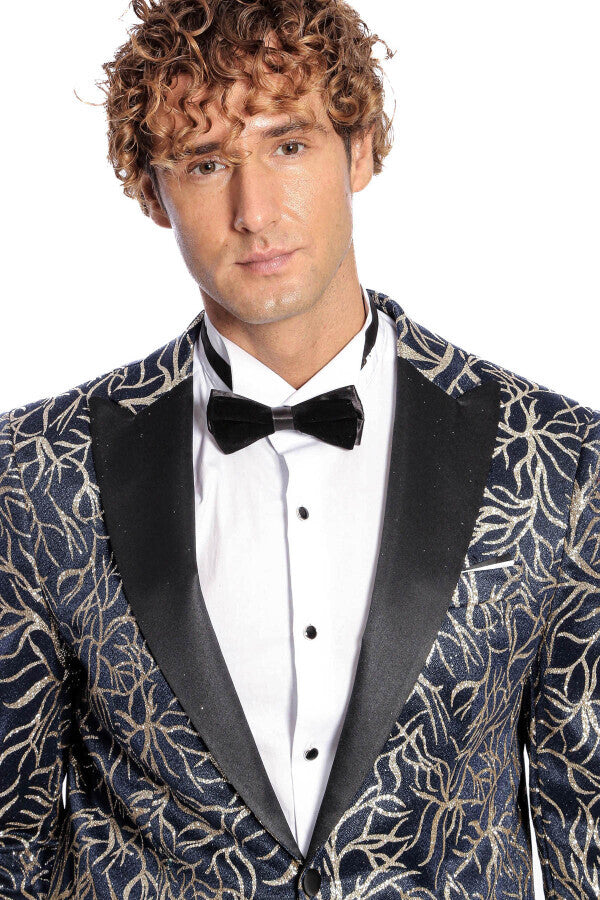 Blazer de fiesta ajustado para hombre en azul marino con estampado de hiedra brillante - Wessi