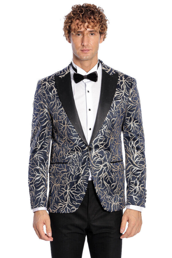 Sparkling Ivy Patterned Slim Fit Navy Blue Men Prom Blazer - Wessi