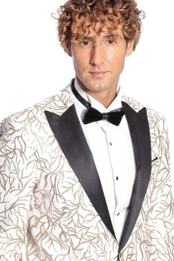 Sparkling Ivy Patterned Slim Fit White Men Prom Blazer - Wessi