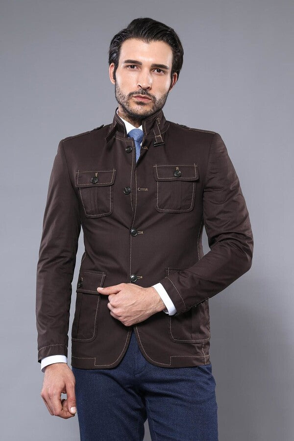 Standing Collar Brown Men Trenchcoat - Wessi