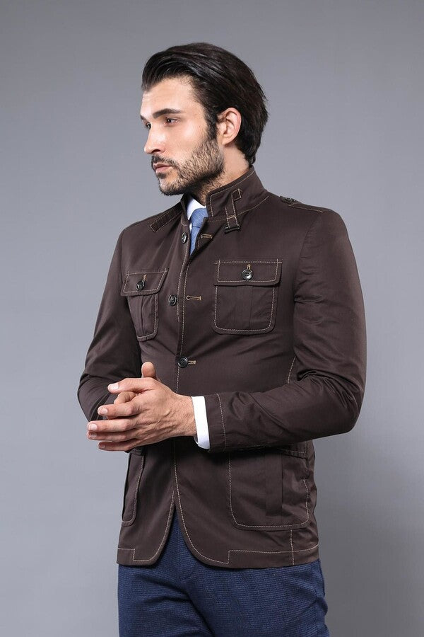 Standing Collar Brown Men Trenchcoat - Wessi