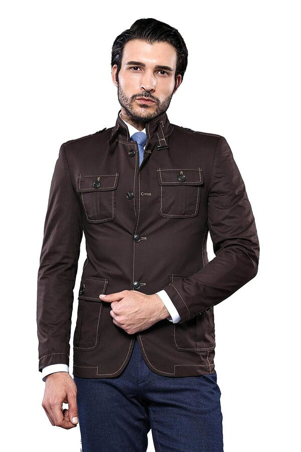 Gabardina marrón con cuello alto para hombre - Wessi