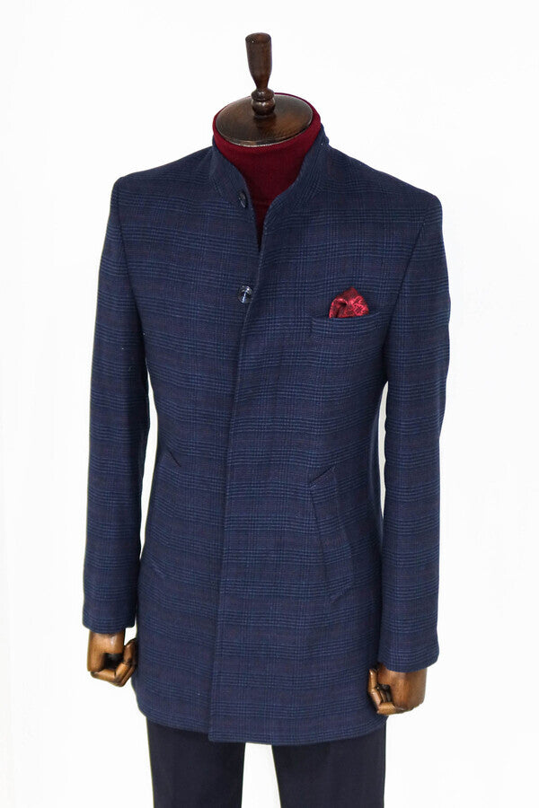 Standing Collar Checked Navy Blue Men Coat - Wessi