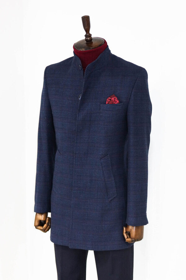 Standing Collar Checked Navy Blue Men Coat - Wessi