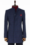 Standing Collar Checked Navy Blue Men Coat - Wessi