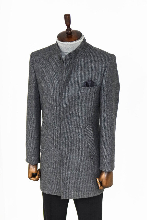 Standing Collar Patterned Grey Men Coat - Wessi