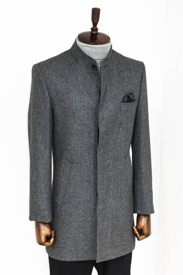 Standing Collar Patterned Grey Men Coat - Wessi