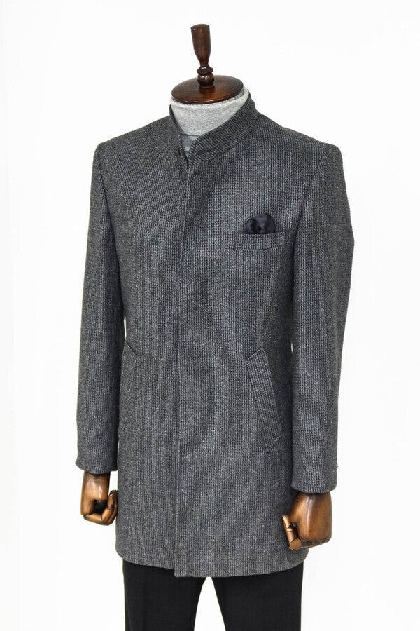 Standing Collar Patterned Grey Men Coat - Wessi