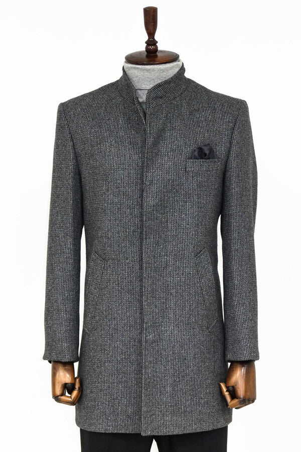 Standing Collar Patterned Grey Men Coat - Wessi