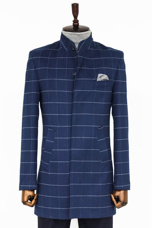 Standing Collar Plaid Blue Men Coat - Wessi