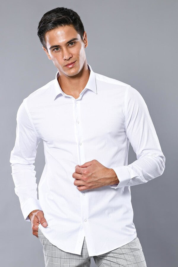 Stretch Cotton White Men Dress Shirt | Wessi