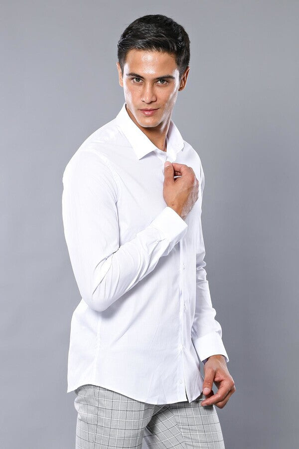 Stretch Cotton White Men Dress Shirt | Wessi