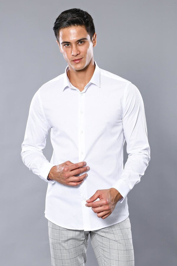 Stretch Cotton White Men Dress Shirt | Wessi