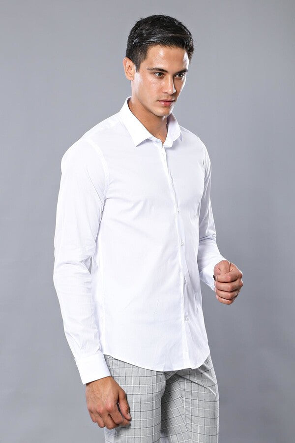 Stretch Cotton White Men Dress Shirt | Wessi