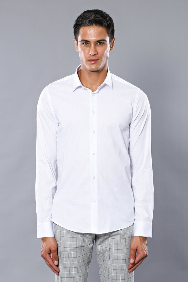 Camisa de vestir de algodón elástico para hombre en color blanco | Wessi