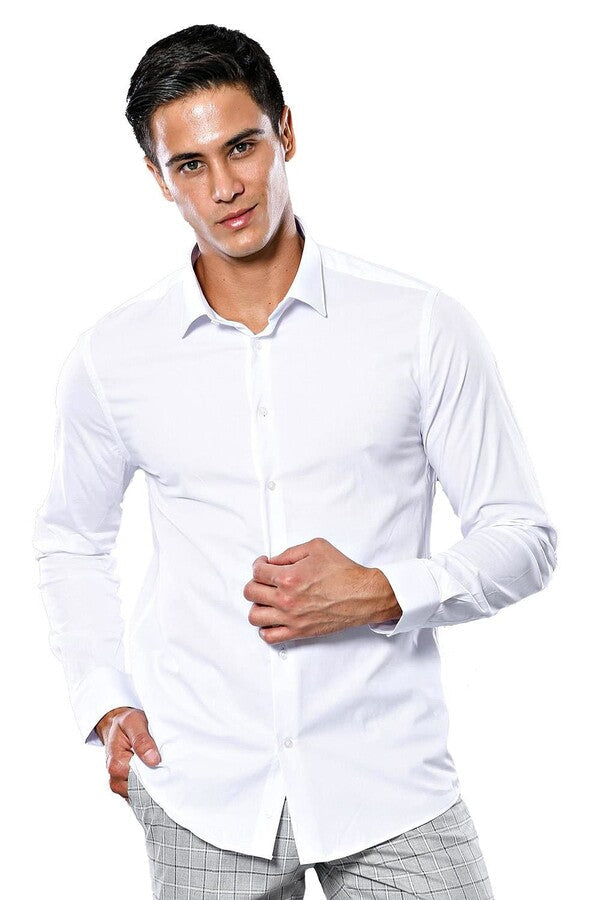 Camisa de vestir de algodón elástico para hombre en color blanco | Wessi