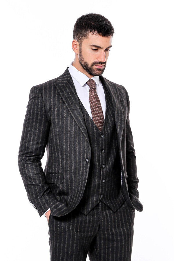 Striped Black Slim-Fit Vested Men's Suit - Wessi