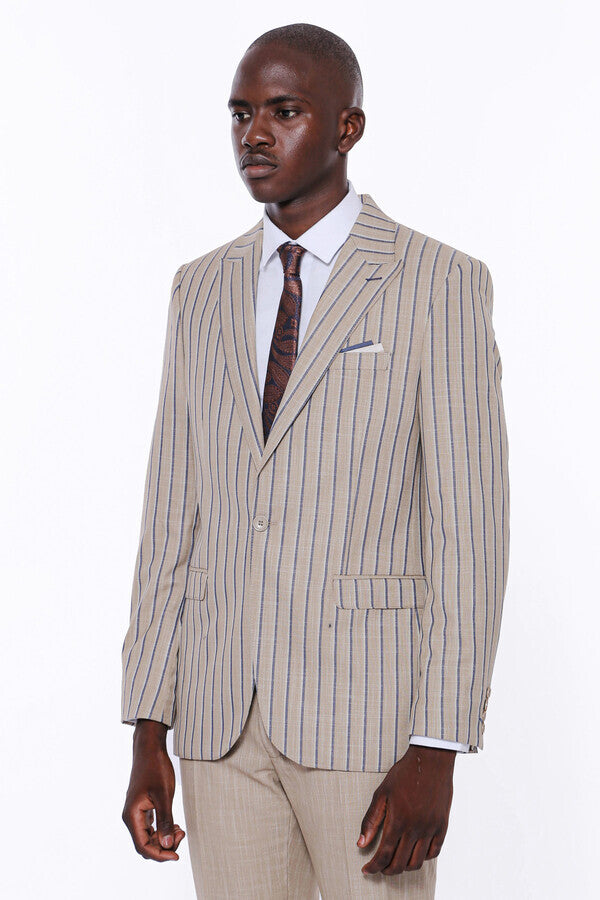 Striped Blazer Plain Pants Beige Men Suit - Wessi