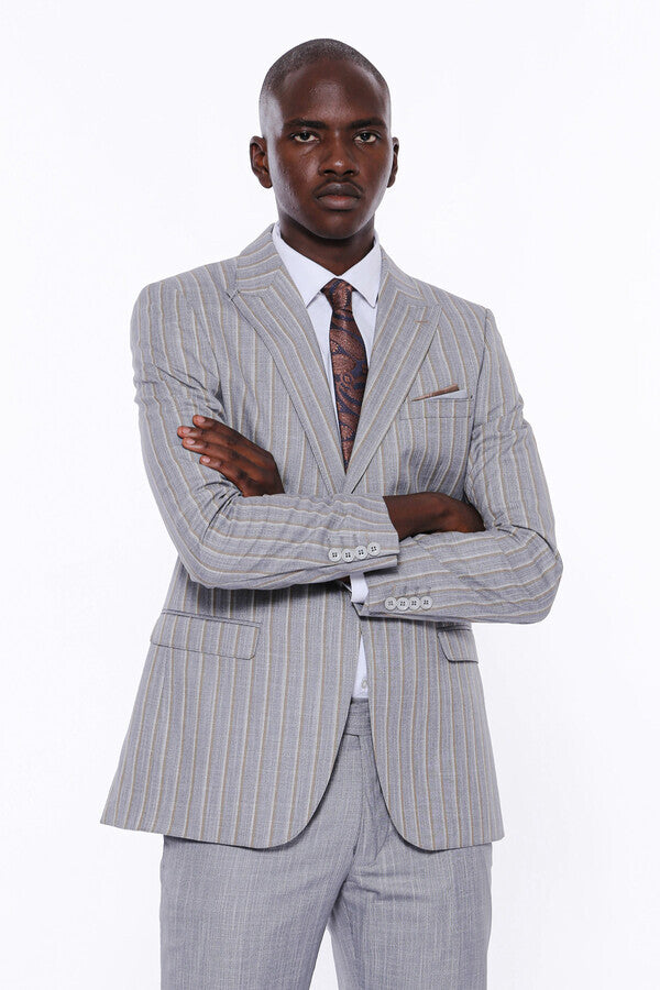 Striped Blazer Plain Pants Grey Men Suit - Wessi