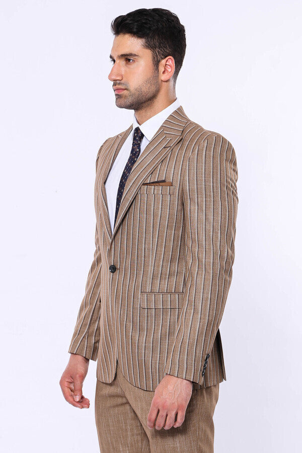 Striped Blazer Plain Pants Light Brown Men Suit - Wessi