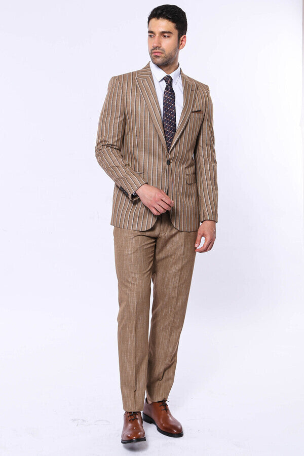 Striped Blazer Plain Pants Light Brown Men Suit - Wessi