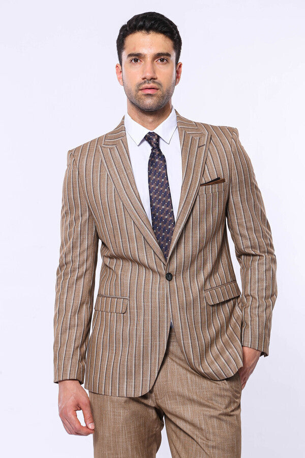 Striped Blazer Plain Pants Light Brown Men Suit - Wessi