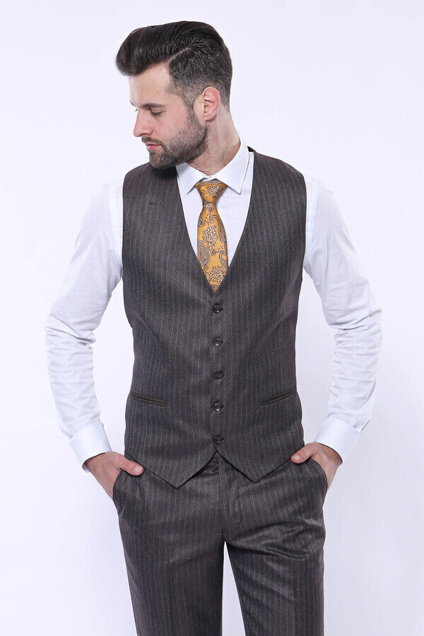 Striped Brown Vested Suit | Wessi