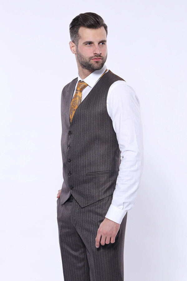 Striped Brown Vested Suit | Wessi