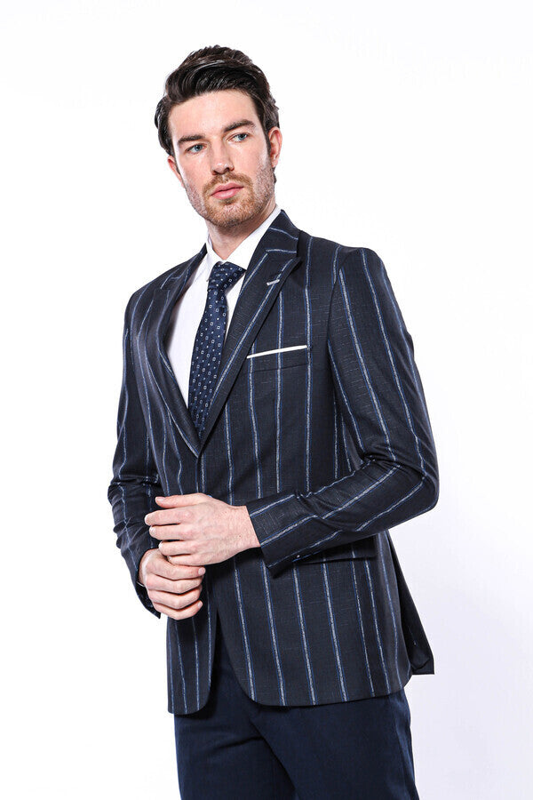 Striped Dark Blue Slim-Fit Blazer - Wessi