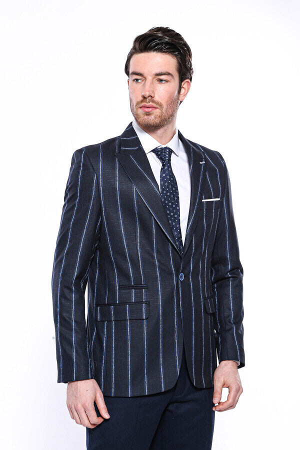 Striped Dark Blue Slim-Fit Blazer - Wessi