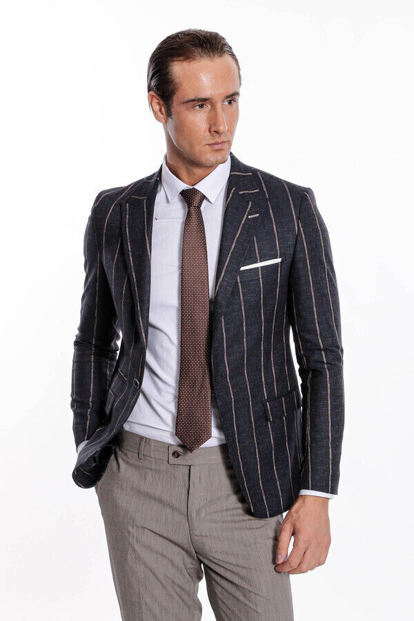 Striped Dark Grey Slim-Fit Blazer - Wessi