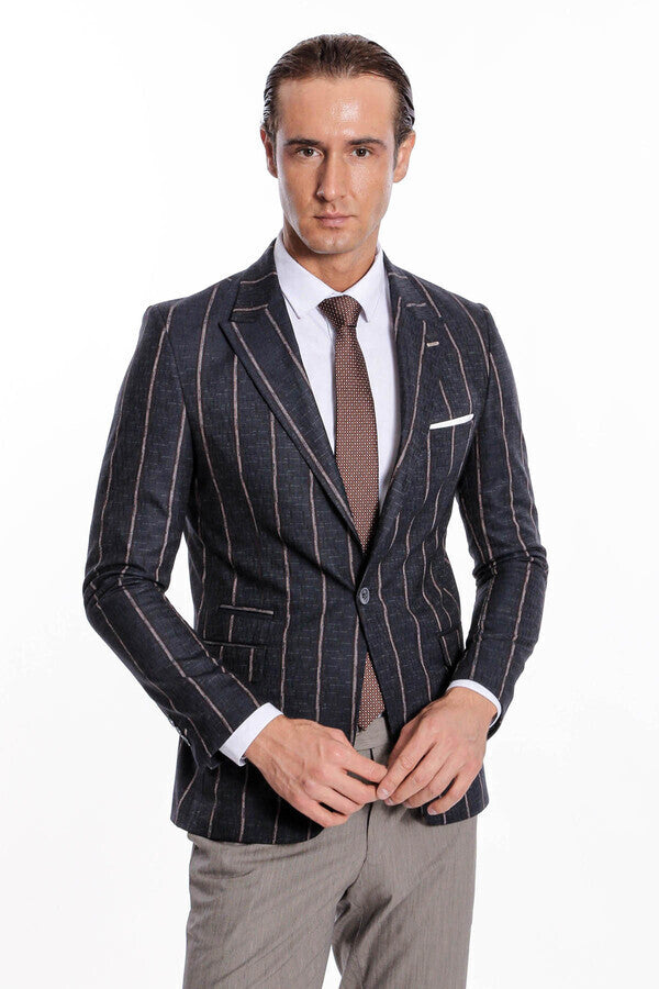 Striped Dark Grey Slim-Fit Blazer - Wessi