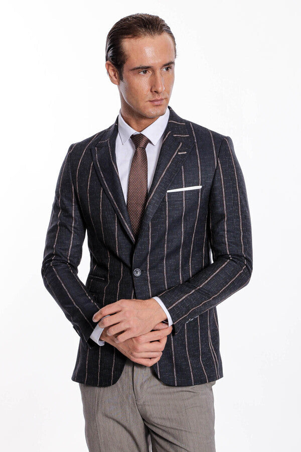 Striped Dark Grey Slim-Fit Blazer - Wessi