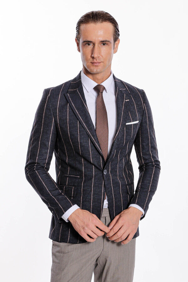 Striped Dark Grey Slim-Fit Blazer - Wessi