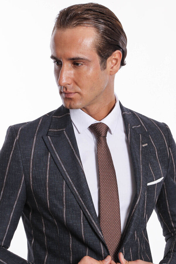 Striped Dark Grey Slim-Fit Blazer - Wessi