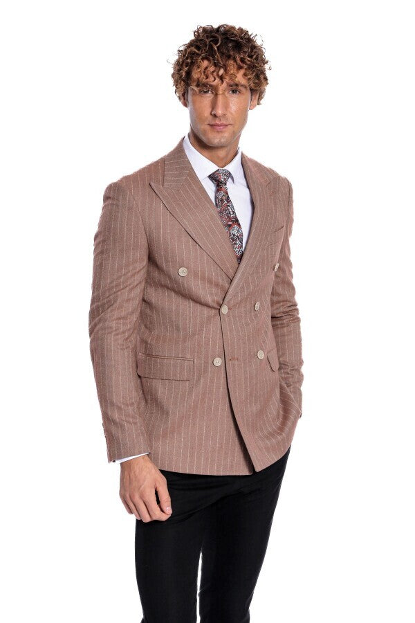 Blazer cruzado de rayas beige para hombre - Wessi