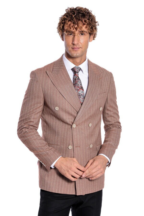 Blazer cruzado de rayas beige para hombre - Wessi