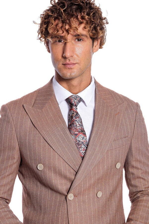 Striped Double Breasted Beige Men Blazer - Wessi