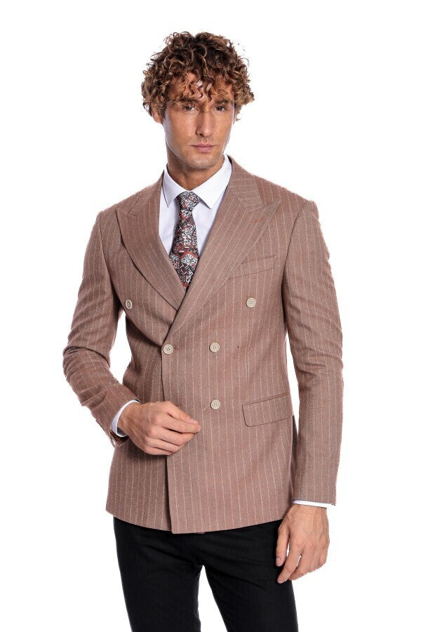 Striped Double Breasted Beige Men Blazer - Wessi