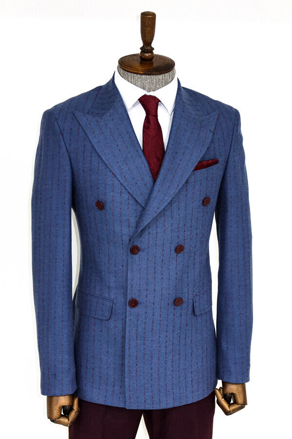 Striped Double Breasted Blue Men Blazer - Wessi