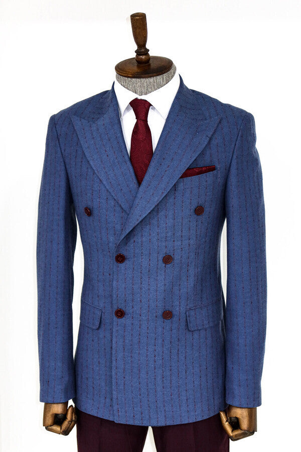 Striped Double Breasted Blue Men Blazer - Wessi