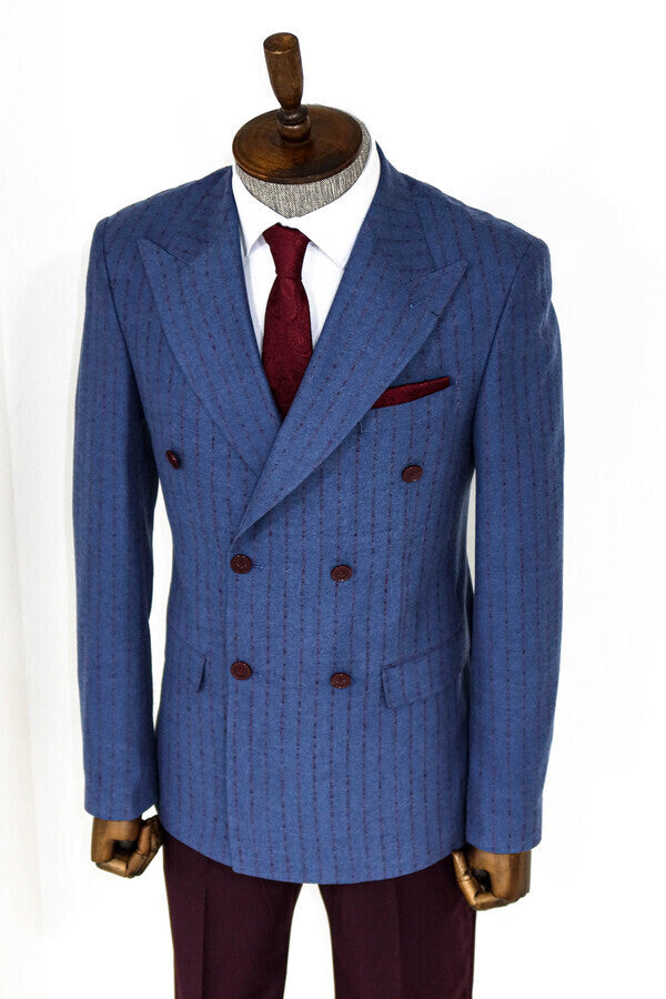 Striped Double Breasted Blue Men Blazer - Wessi